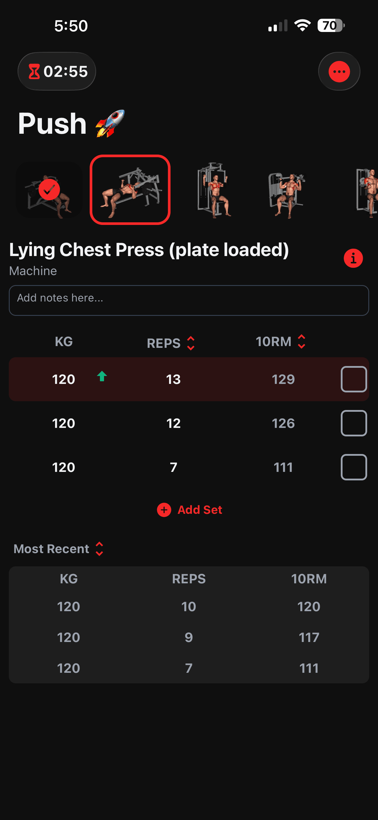 Workout tracking screen